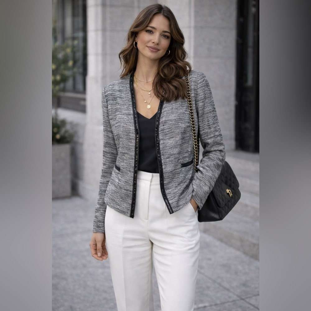 Sz 8 Doncaster Collection White & Black Faux Leather Trim Blazer $475 MSRP NWT